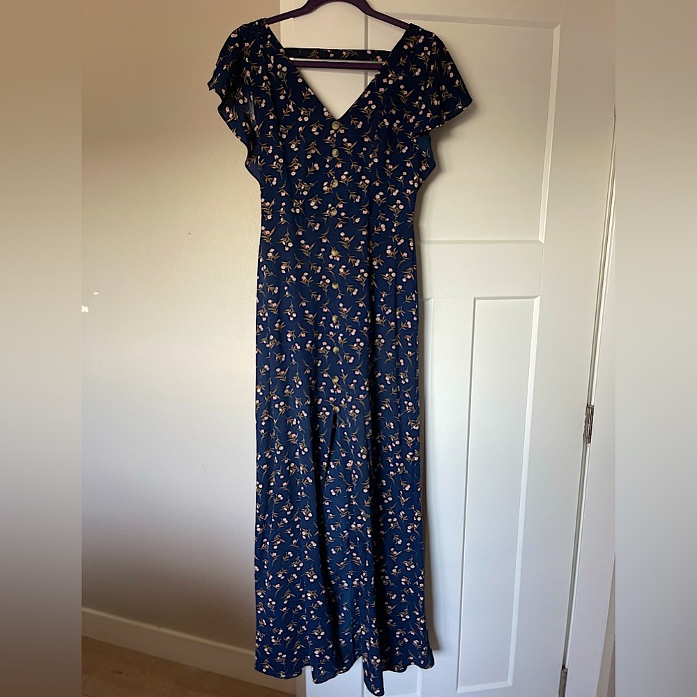 Long, navy blue, floral dress